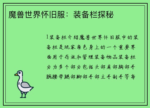 魔兽世界怀旧服：装备栏探秘